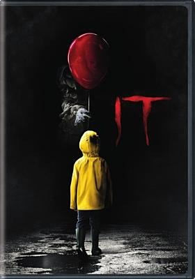 Cover art for the 2017 It DVD featuring a small boy in a yellow raincoat facing a mysterious figure handing him a red balloon.