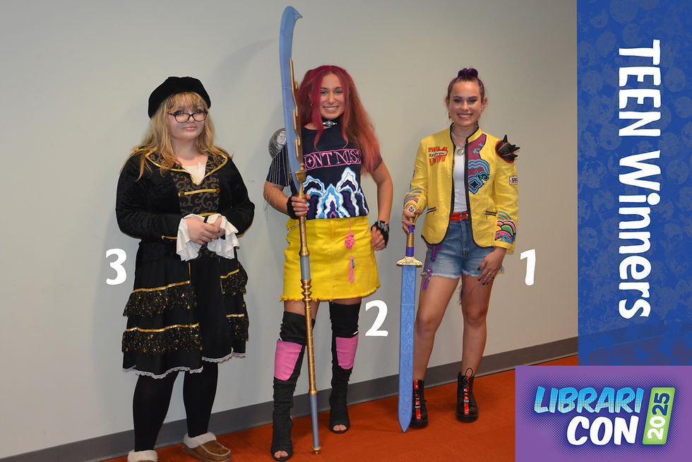 Three teens in costumes holding swords at Librari Con 2025. The banner reads "TEEN Winners." Emotions are happy and excited.