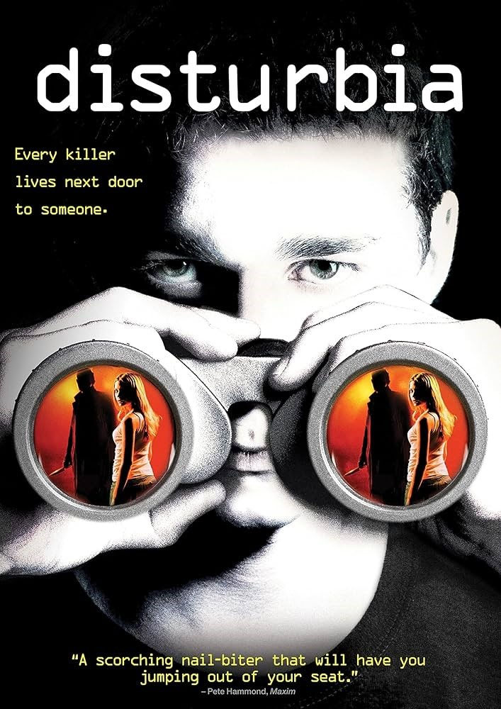 Cover art for Disturbia DVD, featuring Shia Labeouf looking through binoculars.