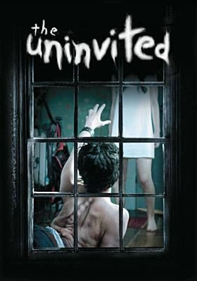DVD cover art for The Uninvited, featuring the view from outside a window, of a person with their spine sticking out, reaching out for a girl in a white dress.