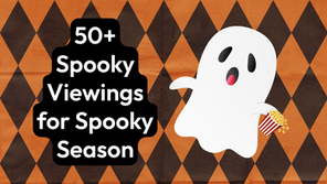 A ghost graphic holding a spilling bucket of popcorn. 