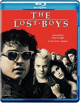 DVD cover art for The Lost Boys, featuring the cast in costume in front of a red background.