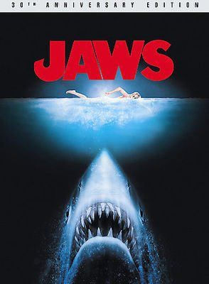 Cover art for the Jaws DVD, featuring a woman swimming in water with a shark head coming up at her from underneath.