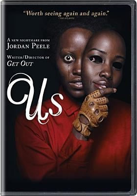DVD cover art for Us, featuring a wide-eyed character in a red jumpsuit pulling a mask that looks like her away from her face.