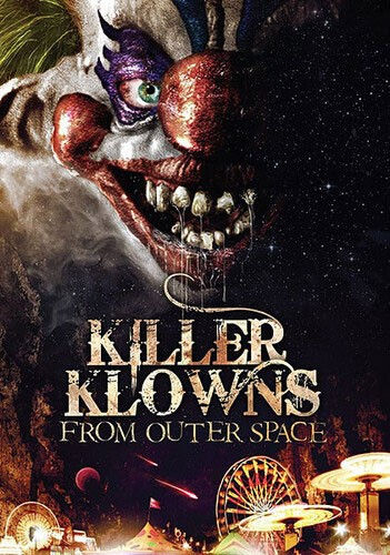 DVD cover art for Killer Klowns from Outer Space, featuring a drooling clown face in the sky and a carnival setup below.