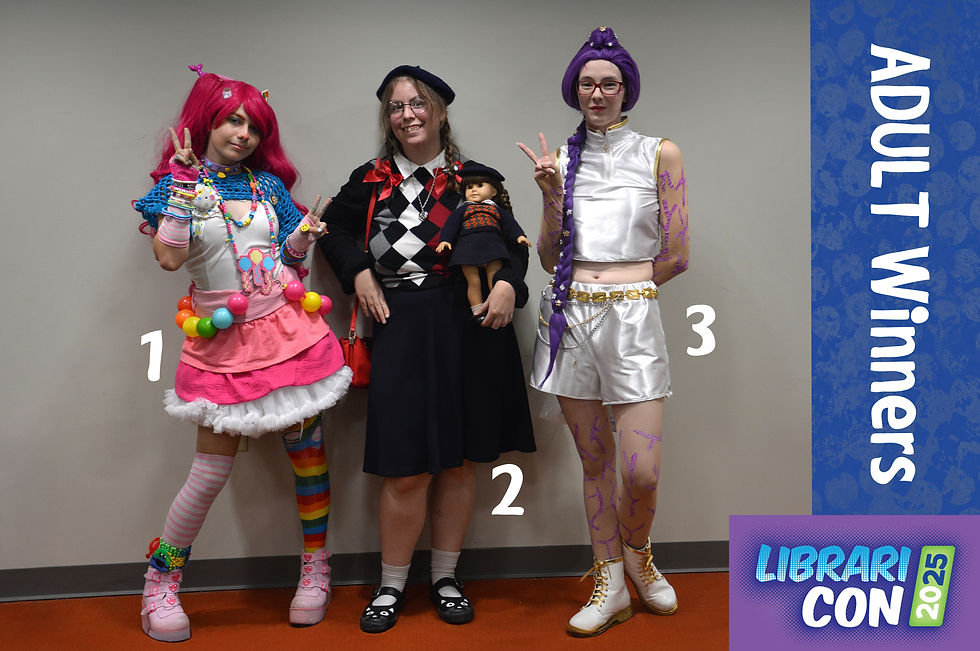 Three people in colorful costumes pose with peace signs. Text on the right reads ADULT Winners. LIBRARI CON 2025 logo at the bottom.