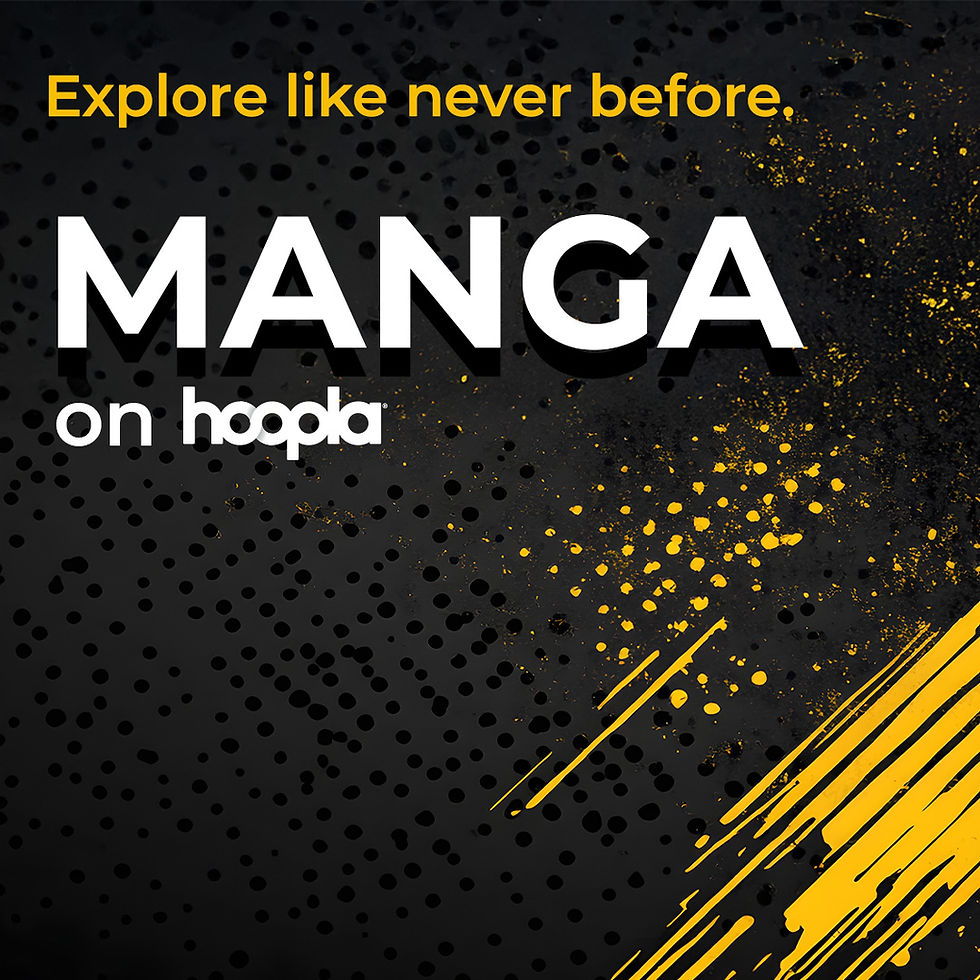 Illustration with a dark background and white text reading Manga on Hoopla