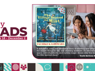 Two women relaxed on a bed, reading a tablet, next to a book cover titled The Village Beyond the Mist. Text: Libby READS, Nov 18-Dec 2.