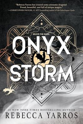 Book cover for "Onyx Storm" by Rebecca Yarros. Features white text, dark cloud patterns, and a silhouette of a dragon. Mood is mysterious.