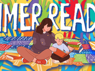 Woman and child reading books on colorful, painted ground with state names. "SUMMER READING" text above. Bright, playful atmosphere.