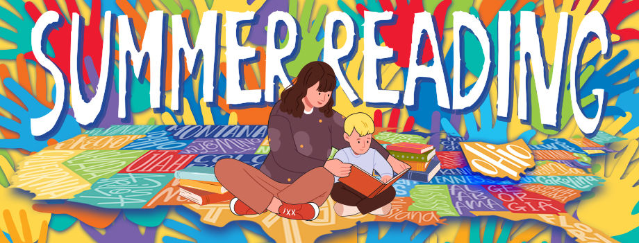 Woman and child reading books on colorful, painted ground with state names. "SUMMER READING" text above. Bright, playful atmosphere.