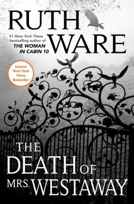 A book cover with intricate black gate design against a foggy background, titled "The Death of Mrs. Westaway" by Ruth Ware.