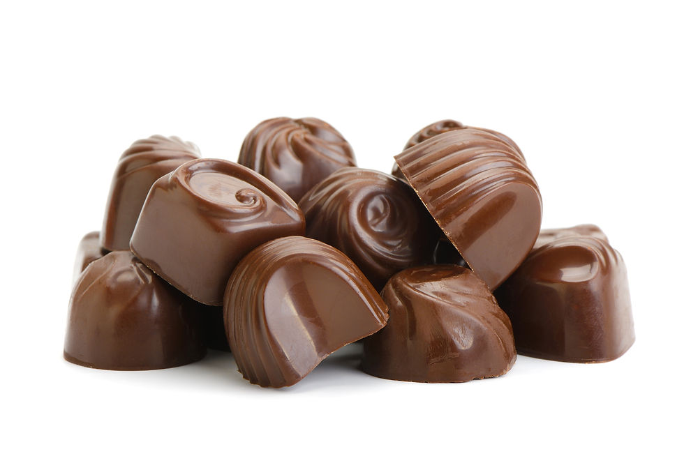 Pile of chocolate candies on a white background