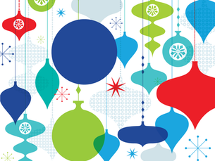 Colorful Christmas ornaments in red, blue, green, and turquoise hang against a white background with decorative circles and stars. Festive mood.