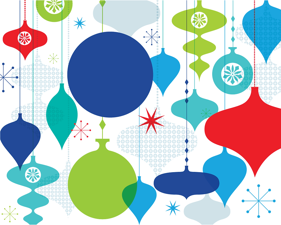 Colorful Christmas ornaments in red, blue, green, and turquoise hang against a white background with decorative circles and stars. Festive mood.