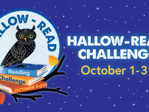 Owl on stacked books under Hallow-Read Challenge text, starry purple starry background, October 1-31.