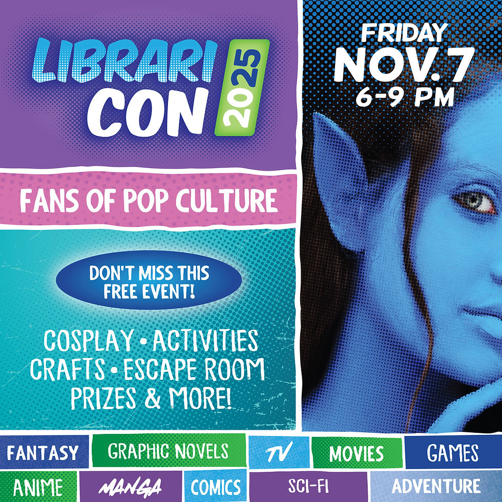 Blue-themed LibrariCon 2025 poster with an elf. Details: Nov. 7, 6-9 PM. "Fans of Pop Culture," cosplay, activities, prizes. Free event!