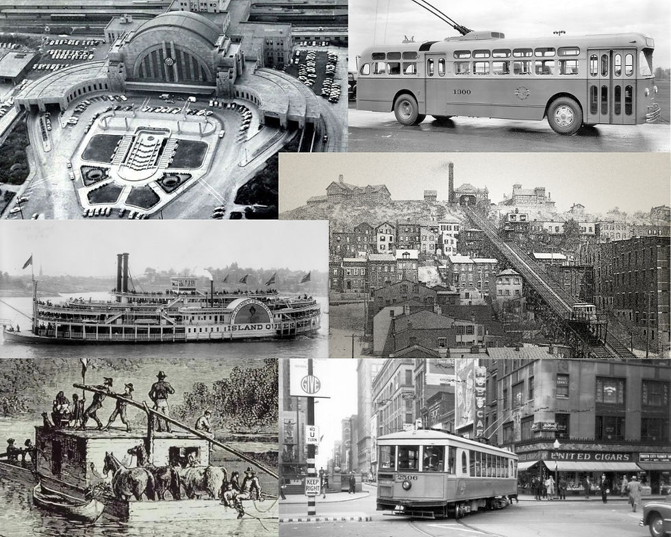 Collage of photos featuring historic transportation like a cable car and paddle wheel boat