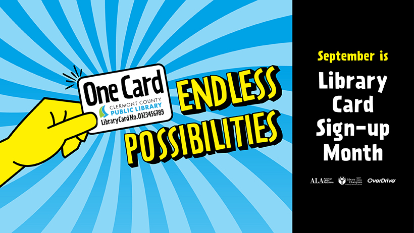 A yellow hand holds a library card. Text: "One Card, Endless Possibilities." Blue striped background. "September is Library Card Sign-up Month".