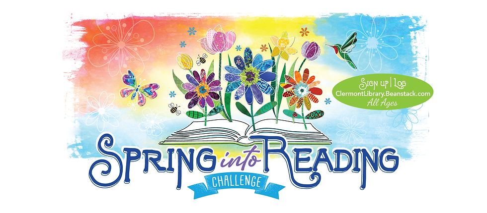 Open book with colorful flowers, butterflies, and bees. Text: "Spring into Reading Challenge." Sign-up info on a multicolored background.